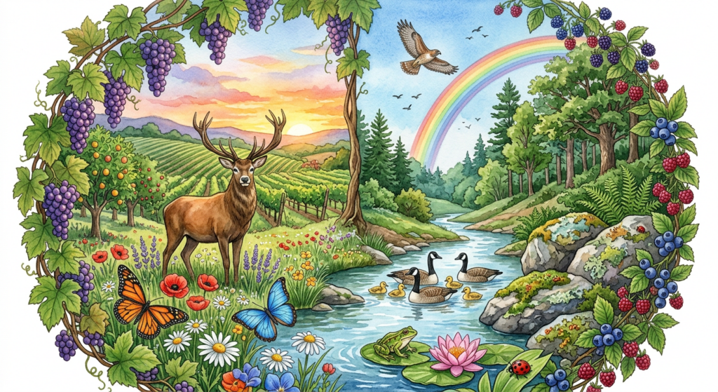 Circular peace symbol filled with forest, ocean, and wildlife scenes