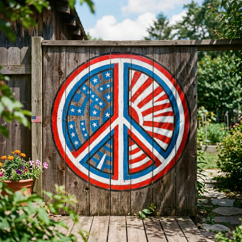 Peace sign painted on wooden fence with stars and stripes in red, white, and blue